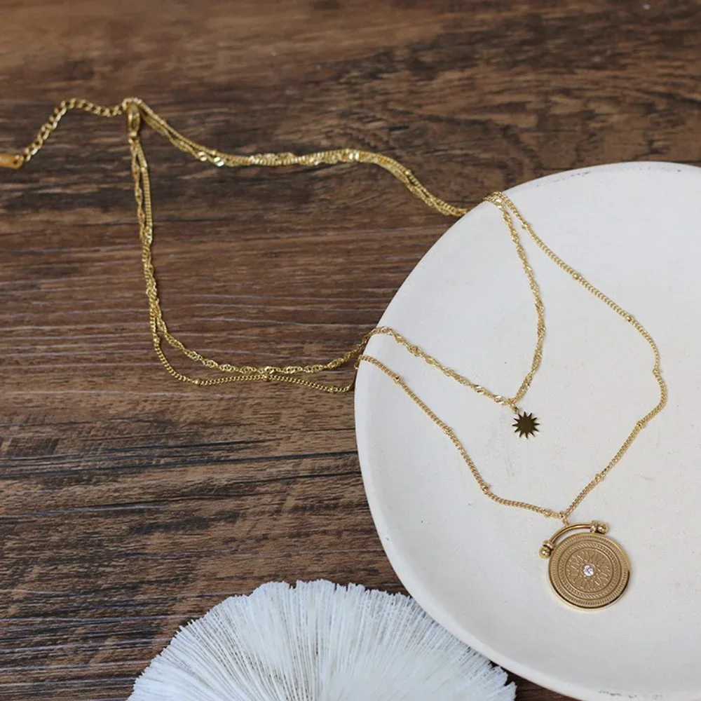 NEW 18K Gold Plated Vintage Diamond Coin Star Double Layer Necklace